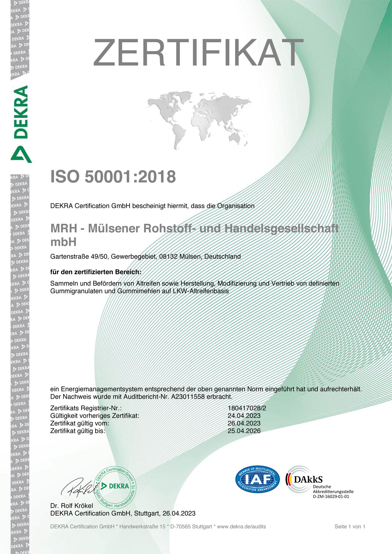 ISO 50001:2018-Zertifikat für MRH Mülsen